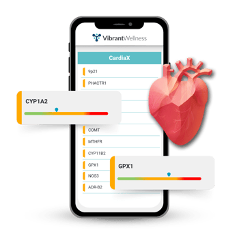 Smartphone displaying Vibrant Wellness CardiaX genetic panel results for cardiovascular health.