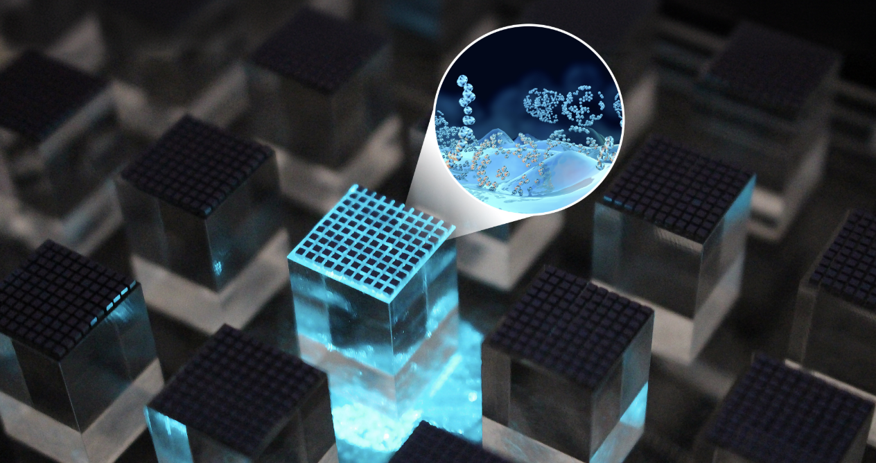 Close-up of a high-tech microarray chip with a magnified view of molecular structures, representing advanced biotechnology and genomic analysis.