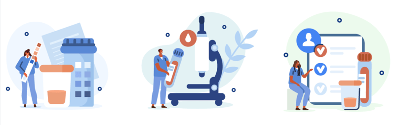 Illustrations of healthcare professionals handling lab samples, using a microscope, and reviewing test results, representing medical diagnostics and laboratory analysis.