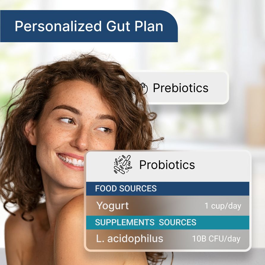 Woman standing behind examples of a personalized gut plan