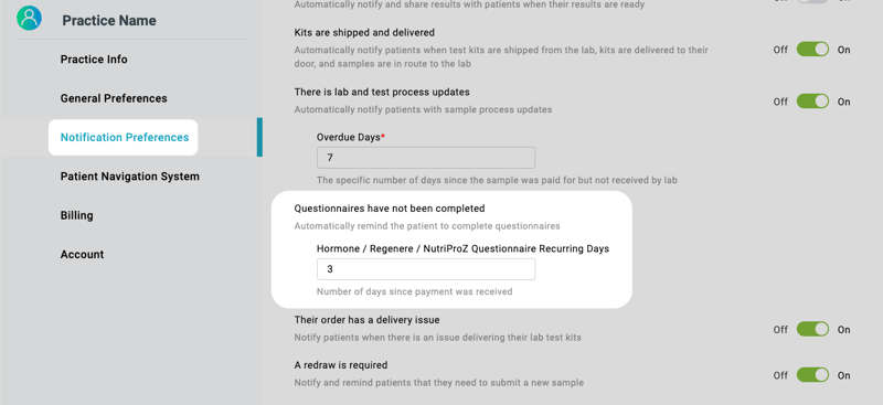 questionnaires have not been completed reminder screenshot